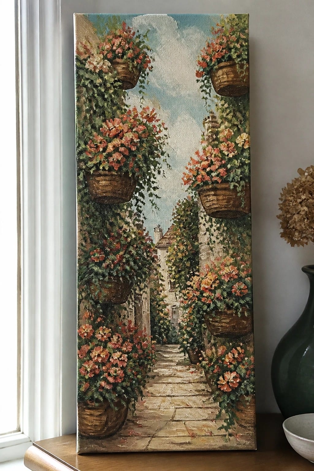 Vertical painting of flower-lined cobblestone alley with hanging baskets under blue sky