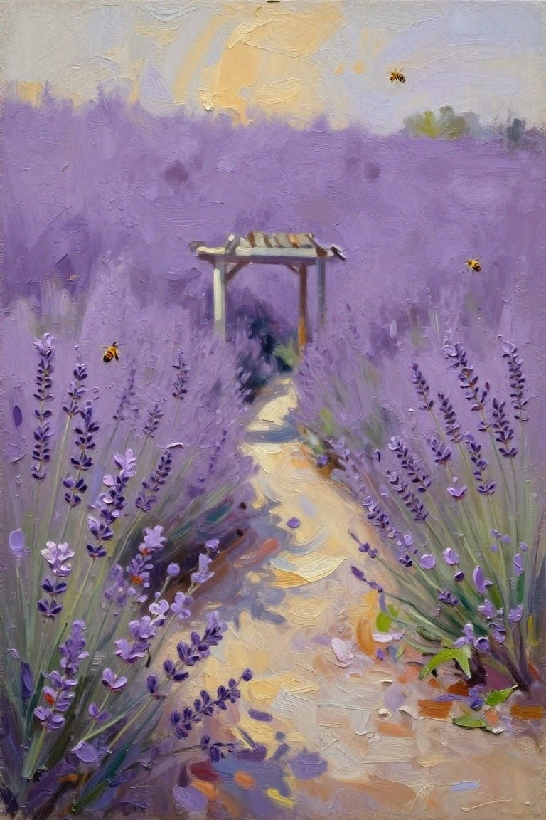 Lavender field oil painting with winding path, wooden arbor, and flying bees.