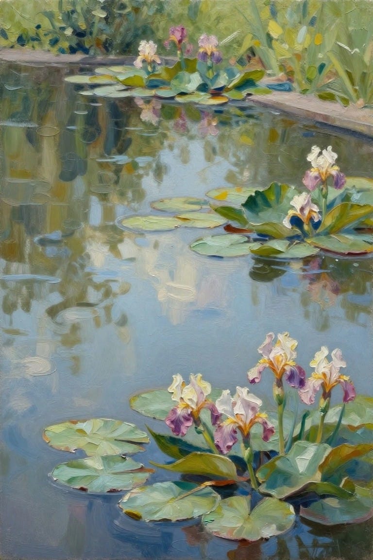 Impressionistic oil painting of irises and lily pads on a reflective pond