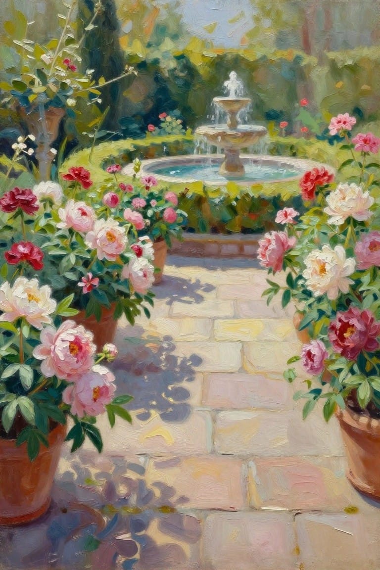 Garden path lined with potted peonies leading to a stone fountain.