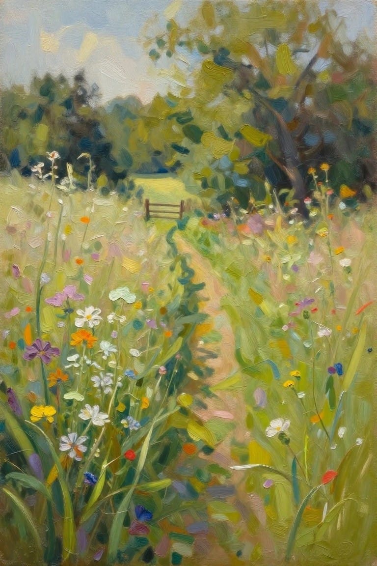 Impressionistic painting of a wildflower meadow with winding path and distant gate