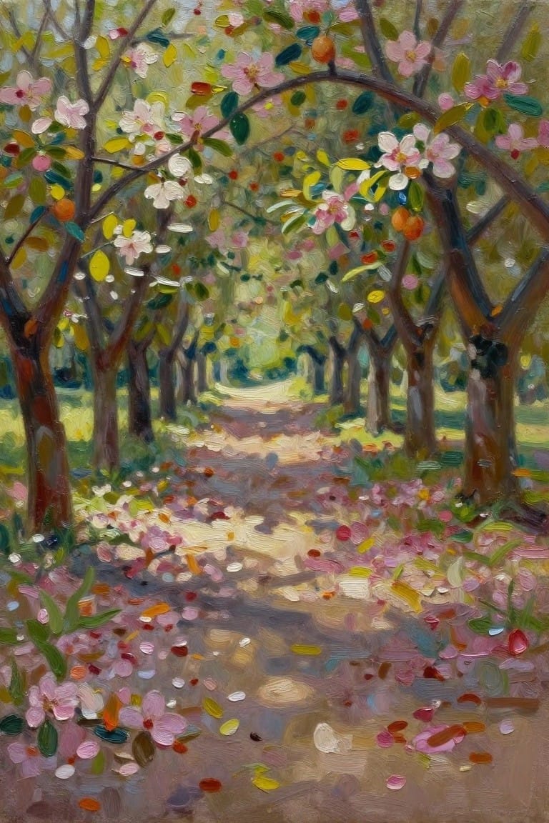 Vibrant painting of sunlit path under pink-blossomed trees with fallen petals.