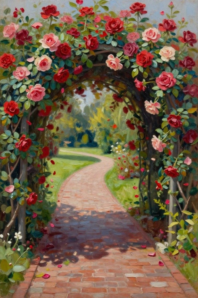 Brick pathway curving under a blooming arch of red and pink roses