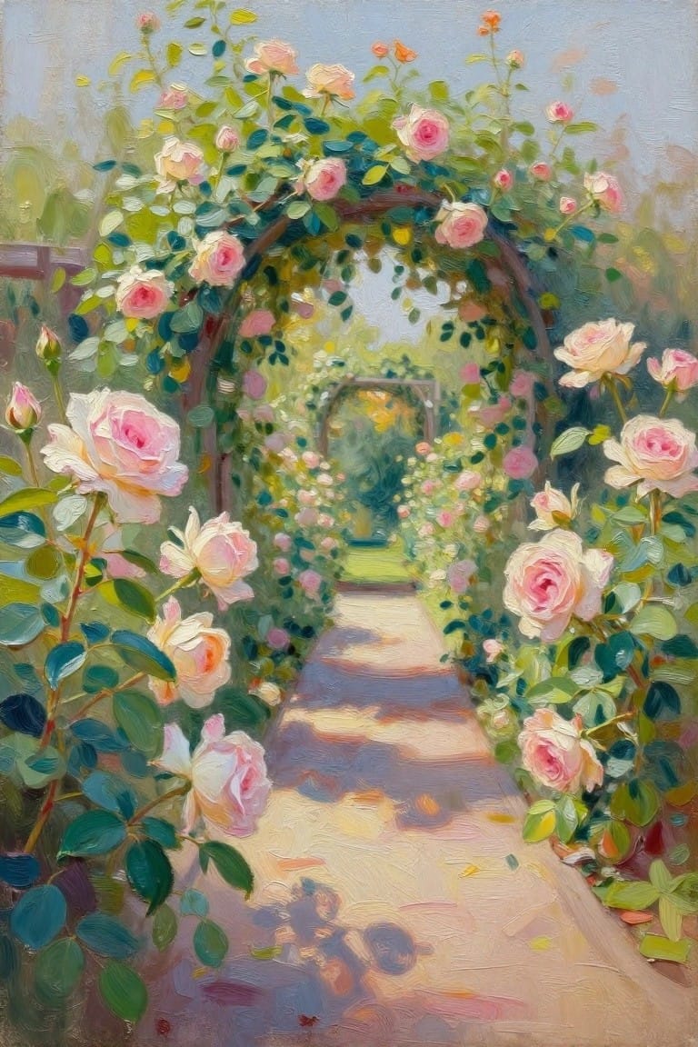Sunlit garden path lined with pink roses arching overhead in oil painting style.