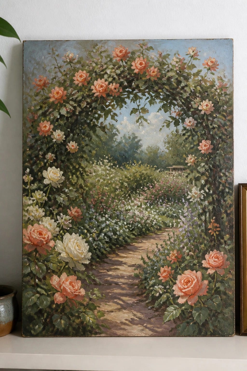 Lush garden path winding beneath an arch of pink roses and wildflowers.