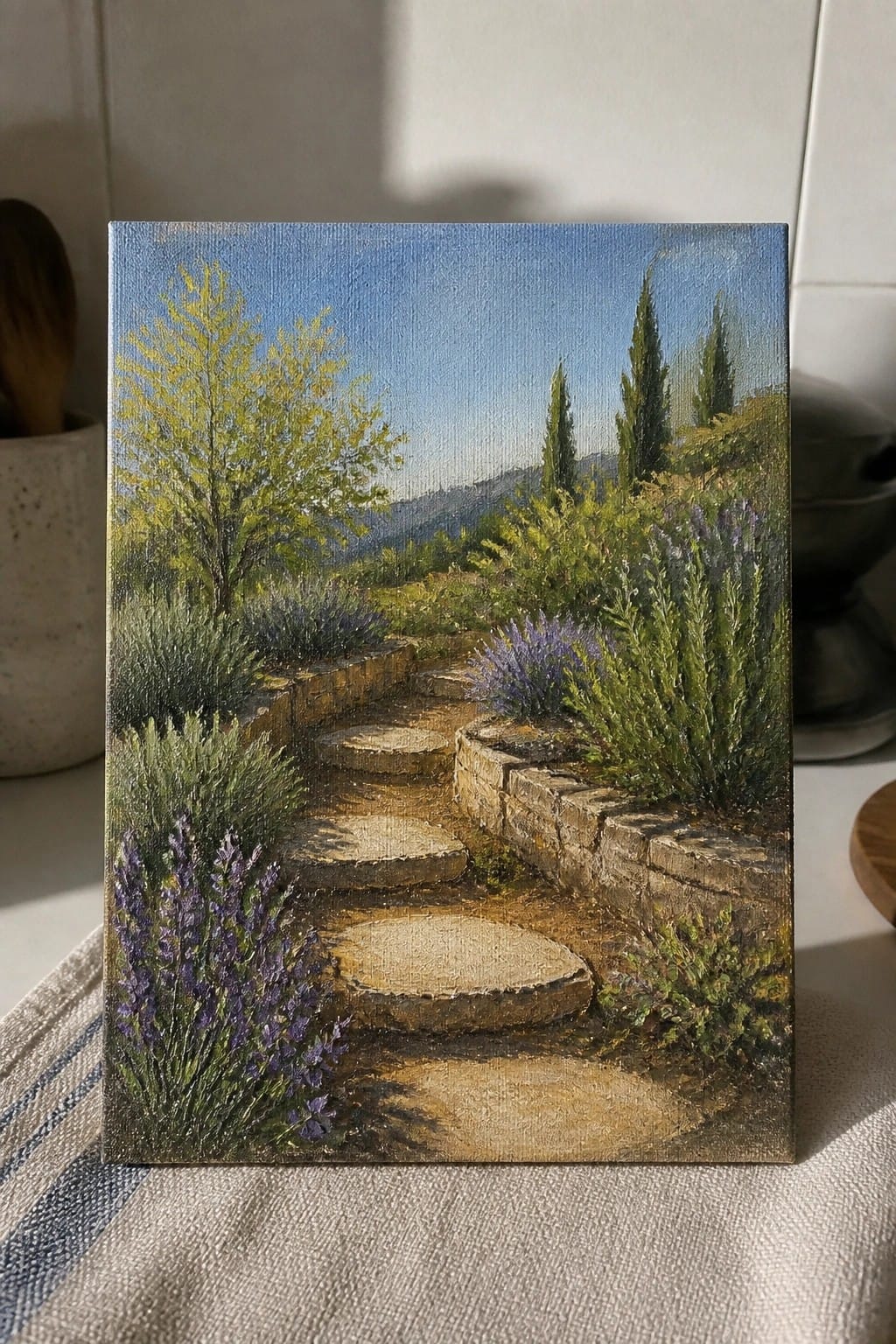 Realistic painting of stone steps winding through lavender bushes and cypress trees.