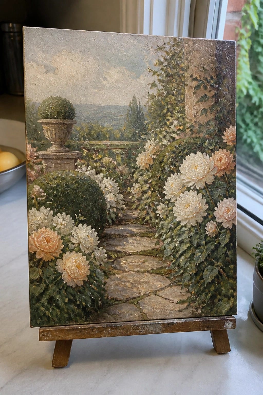 Oil painting of winding stone path amid blooming white and peach roses in lush garden.