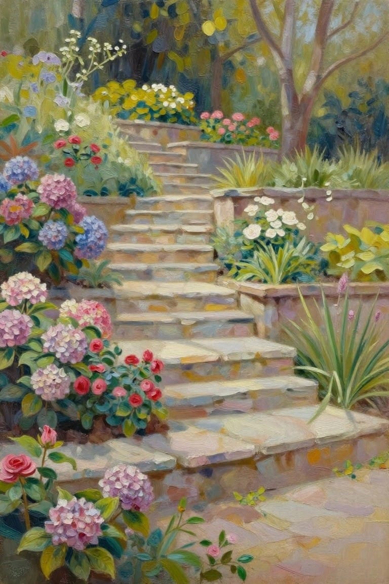 Lush garden with colorful flowers flanking winding stone steps under trees