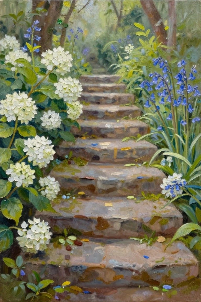 Mossy stone steps ascending amid white hydrangeas and bluebells in forest