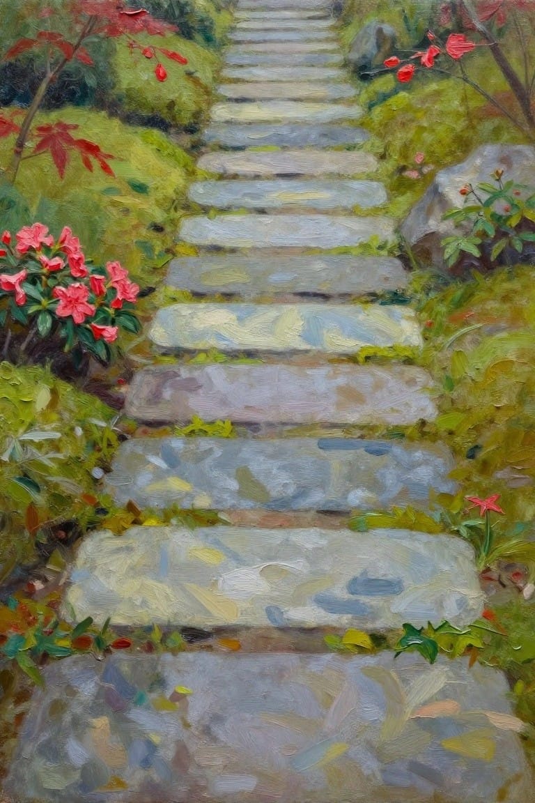 Ascending stone stairs amid lush greenery, pink flowers, and red foliage in a painting
