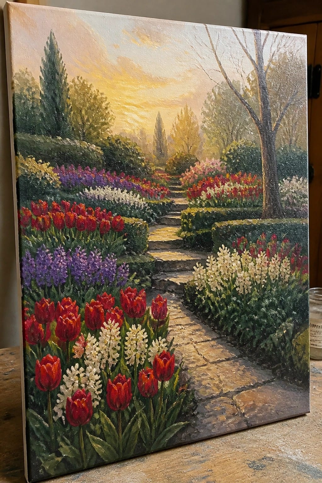 Vibrant oil painting of tulips along a winding stone path at sunset.