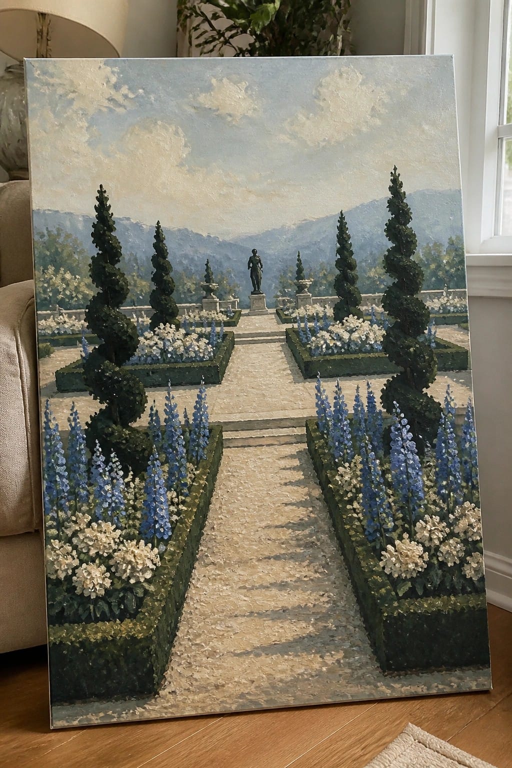 Formal garden painting with spiral topiaries, blue and white flowers, stone path, and distant statue.