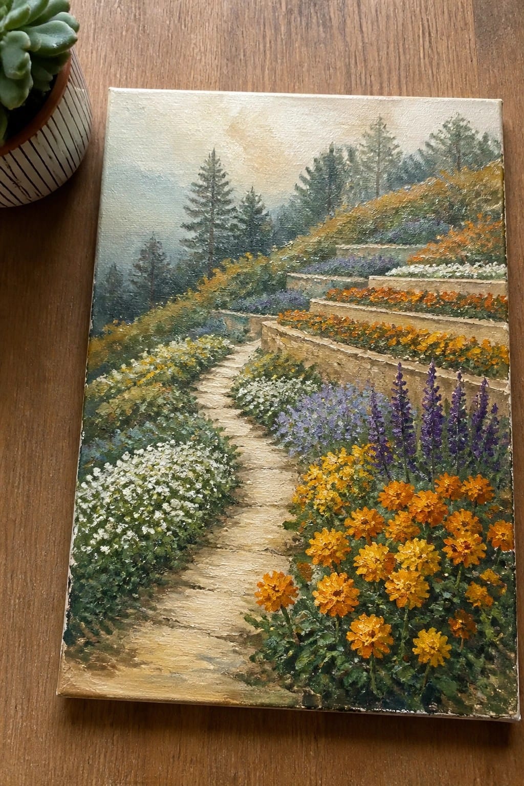 Vibrant painting of winding stone path through colorful terraced flower gardens with pine trees.