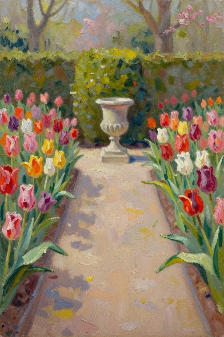 Colorful tulips line a garden path to a white urn amid green hedges.
