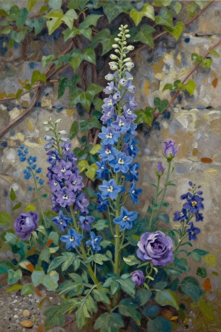 An oil painting of tall blue and purple delphinium flowers with green ivy against a stone wall.