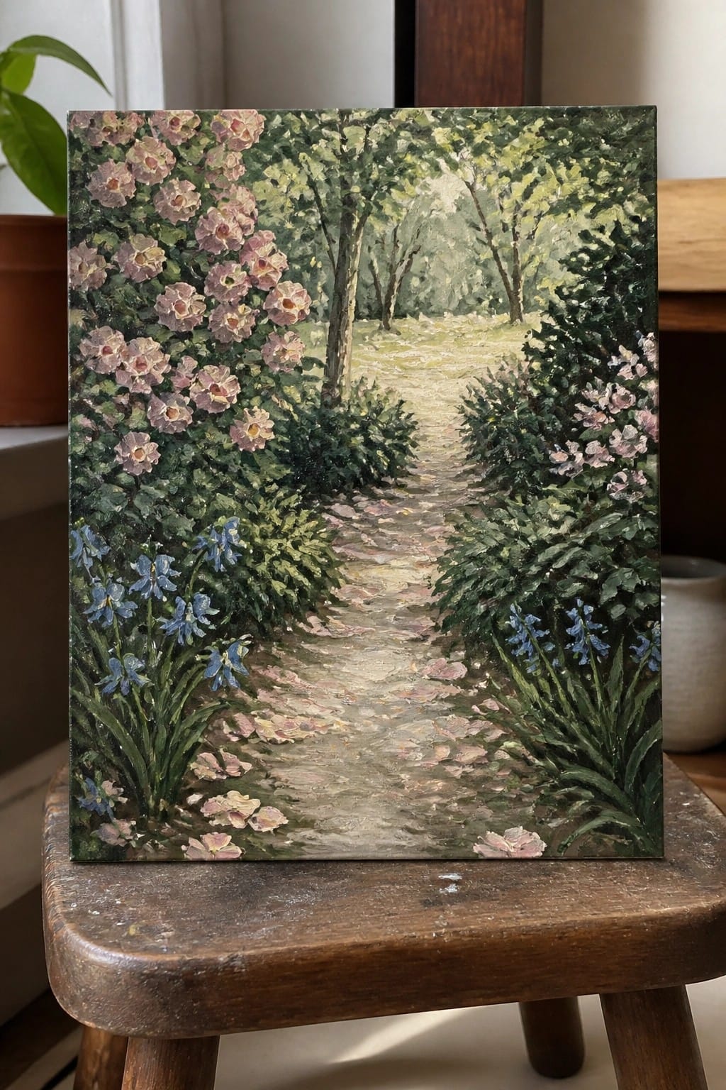 Oil painting of winding garden path lined with pink roses and blue flowers.