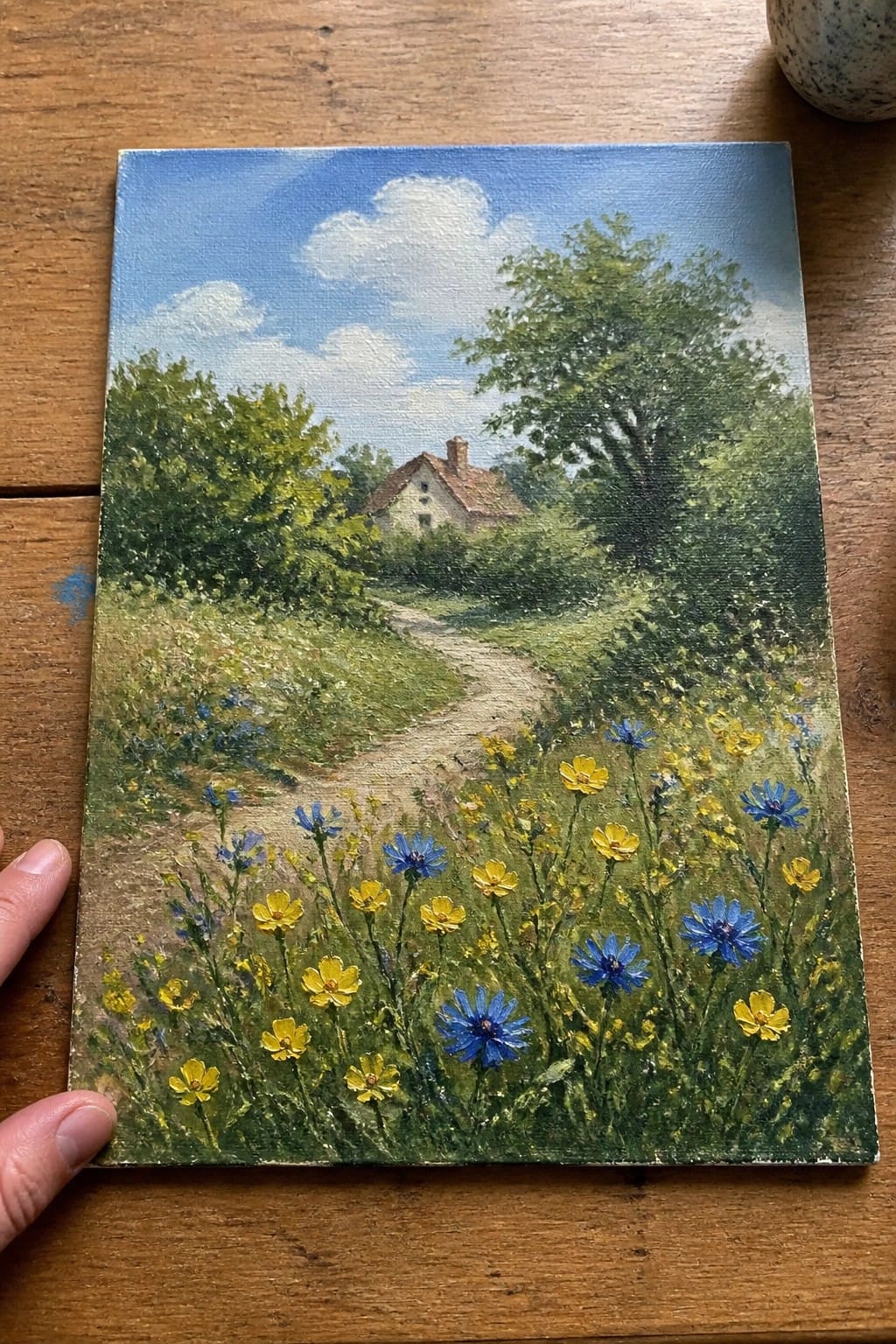Vibrant painting of flower-lined path leading to red-roofed cottage amid trees.