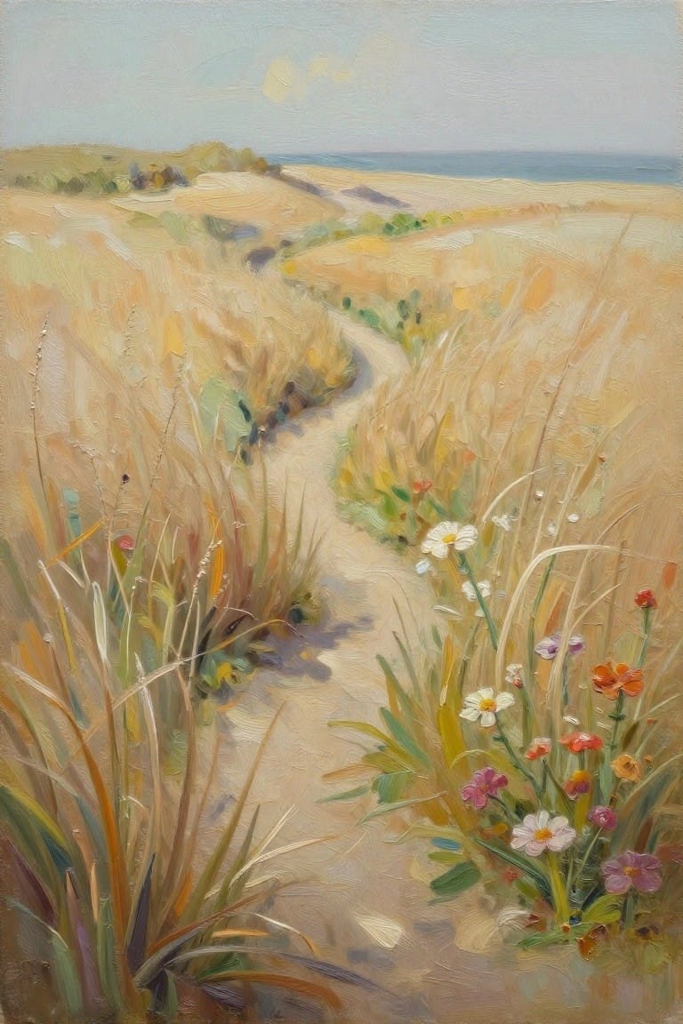 Sandy path winds through wildflowers and dunes toward distant sea in oil painting