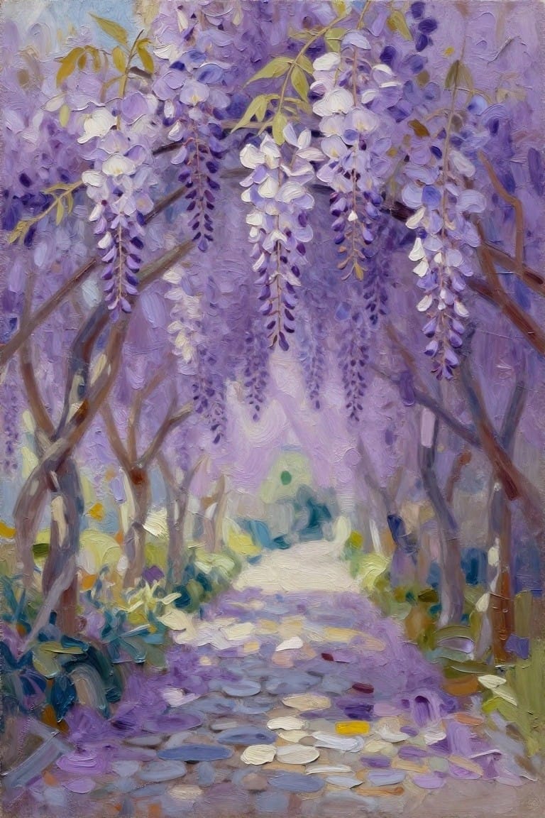 An oil painting of a stone path lined with trees covered in hanging purple wisteria blooms.