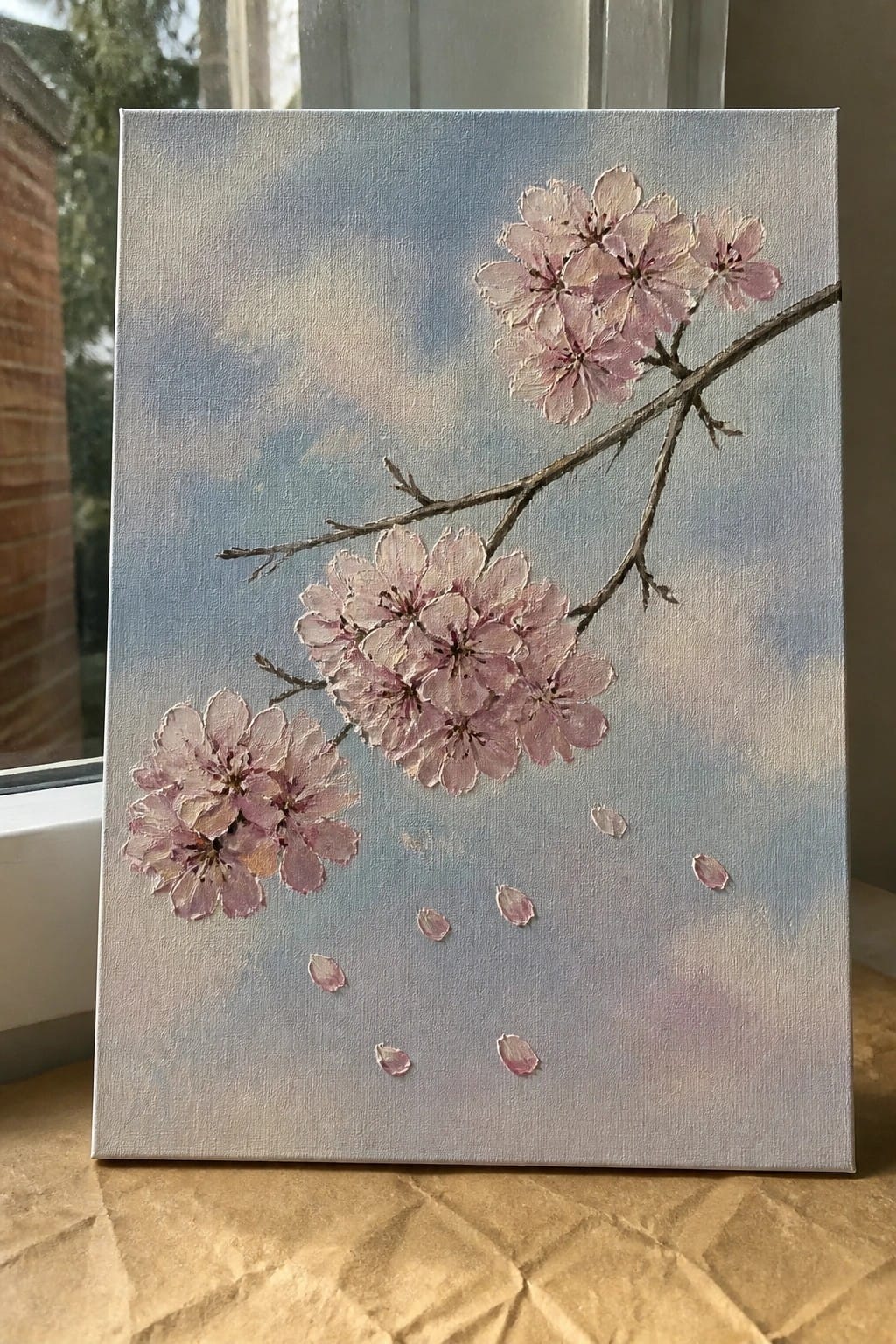 Canvas painting of pink cherry blossoms on branch with falling petals against blue sky