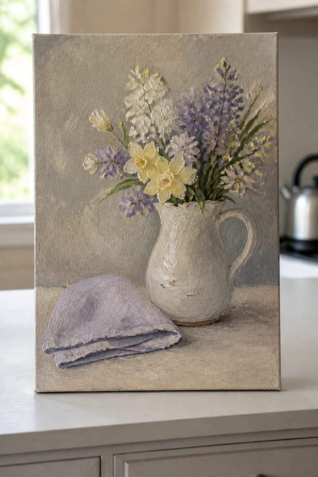 Still life painting of white pitcher with yellow-purple flowers beside folded lavender cloth