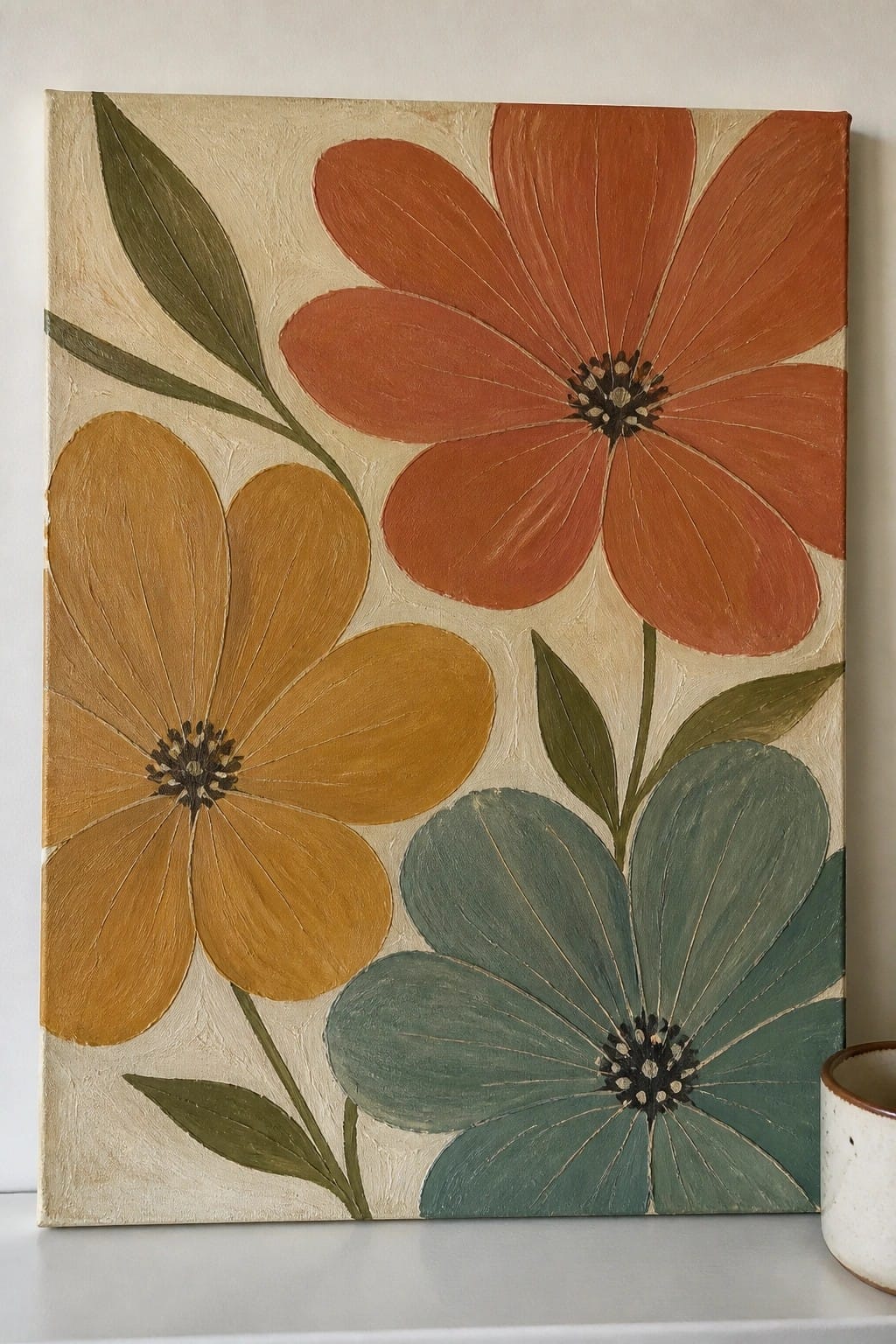 Abstract painting of large orange, yellow, and teal flowers with green leaves on canvas