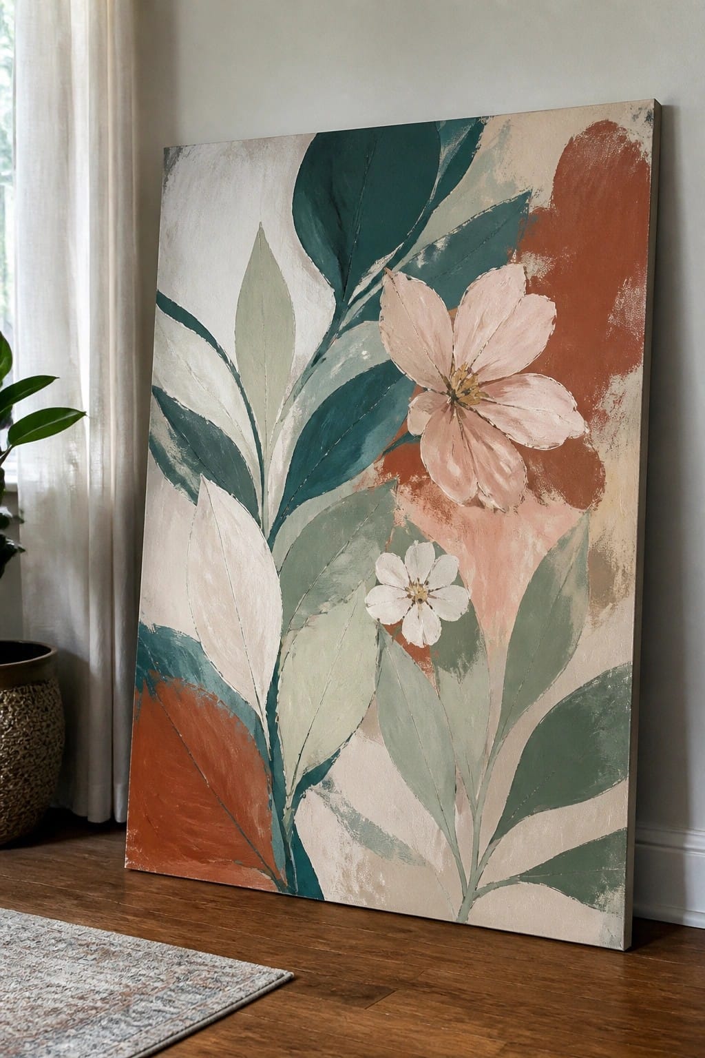 Abstract painting of pink and white flowers with teal green and orange leaves on canvas
