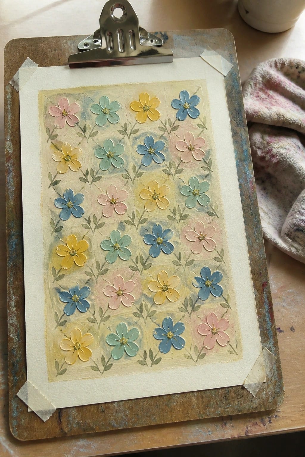 Colorful floral painting with pink, yellow, and blue flowers on clipboard