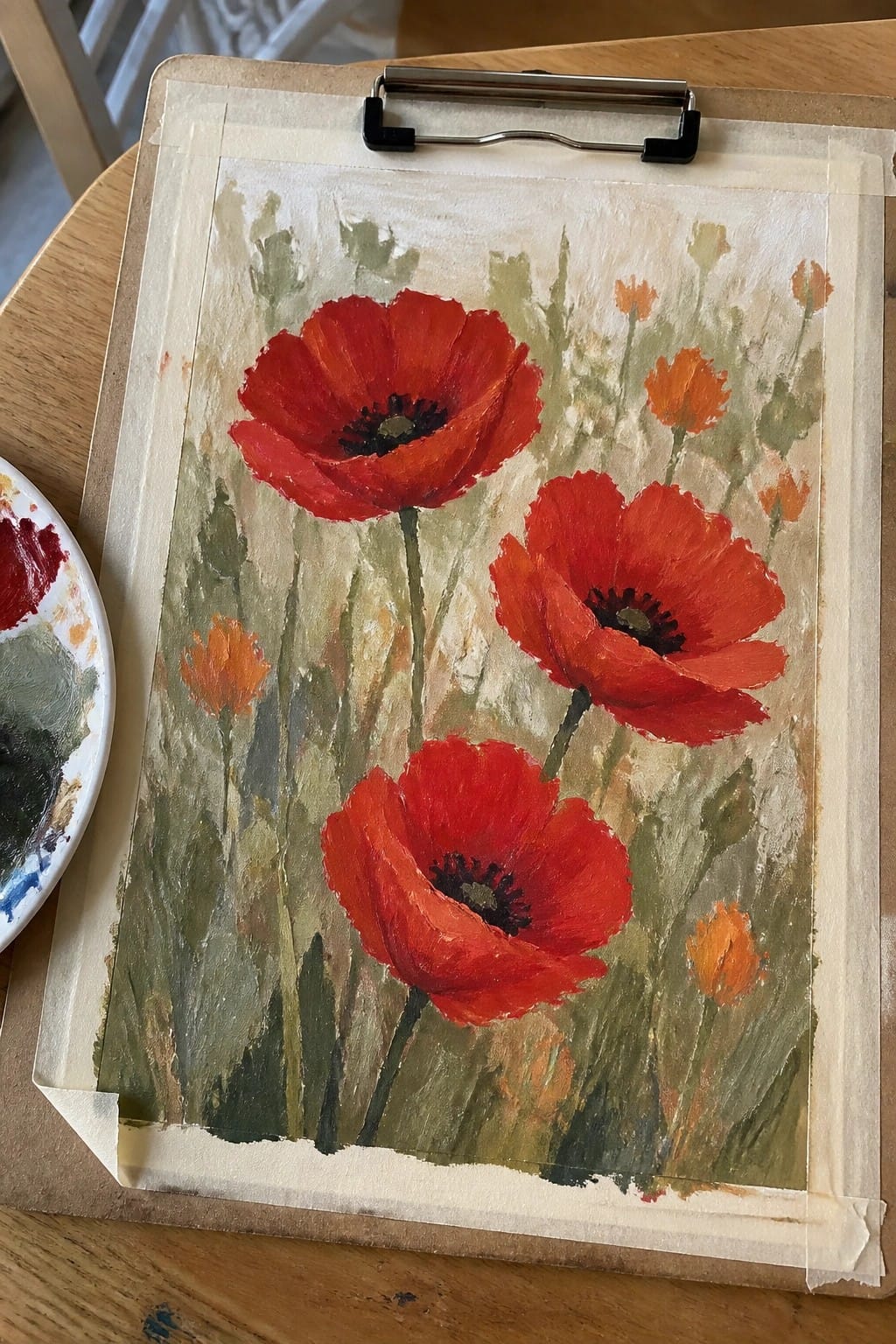 An oil painting of several red poppies with dark centers on stems, surrounded by green foliage and small orange flowers, taped to a clipboard next to a paint palette.