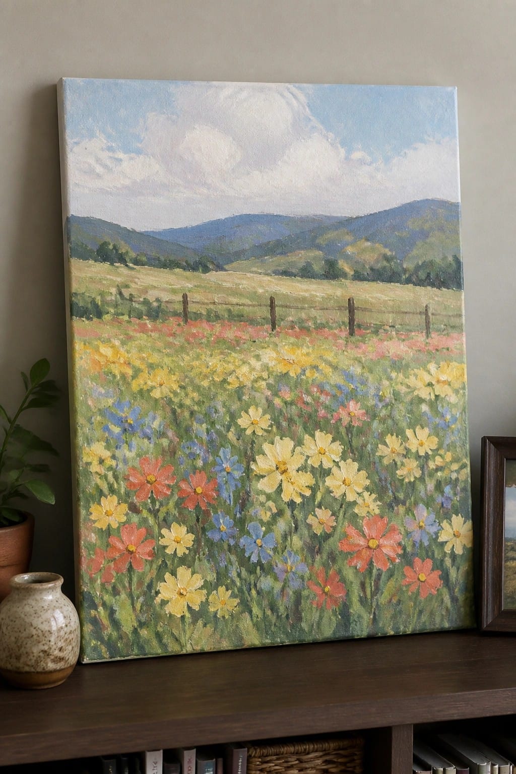 Oil painting of colorful wildflower meadow with fence and rolling hills on shelf.