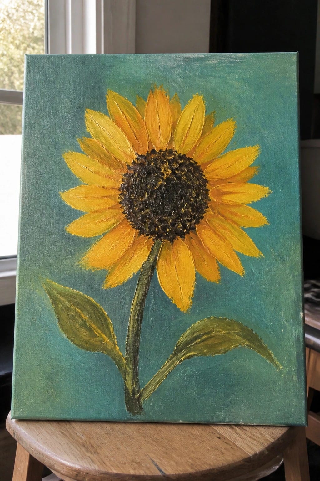 Yellow sunflower with dark center on teal canvas atop wooden stool