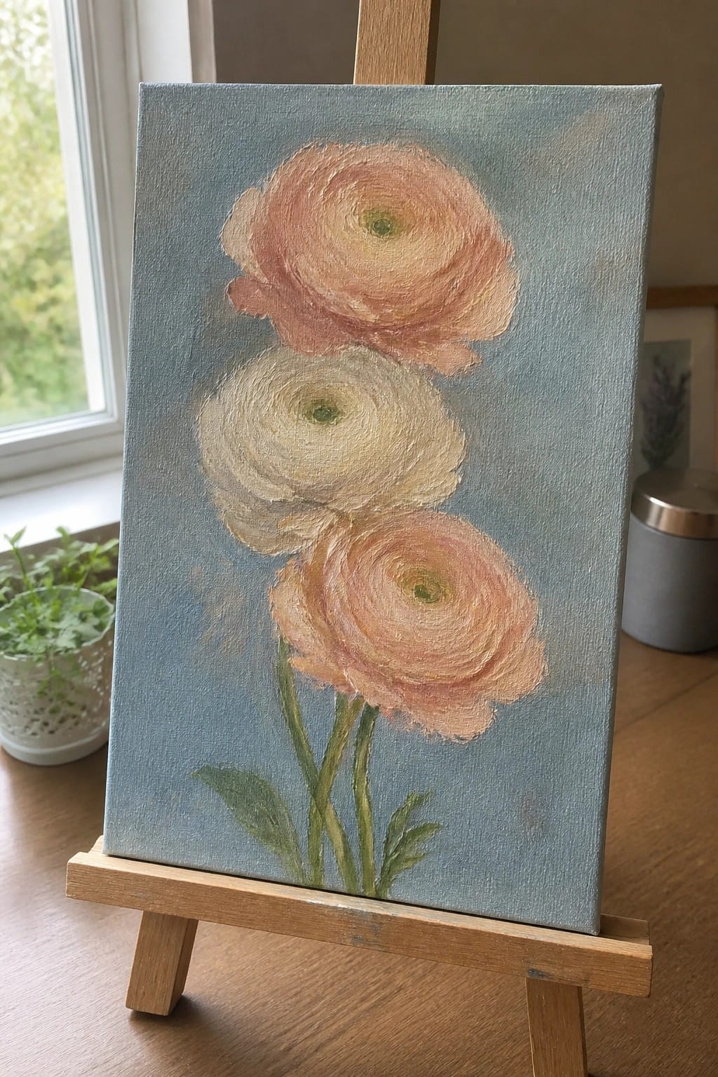 Three peach and cream ranunculus flowers with stems on blue canvas atop wooden easel