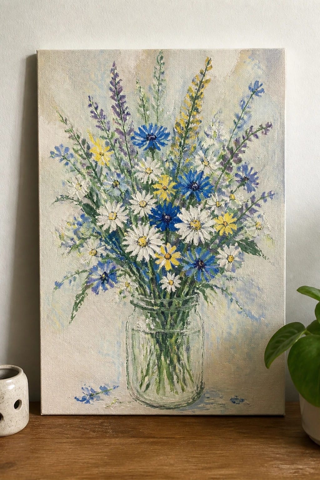 An oil painting of white daisies, blue cornflowers, and yellow wildflowers in a clear glass mason jar against a pale background.