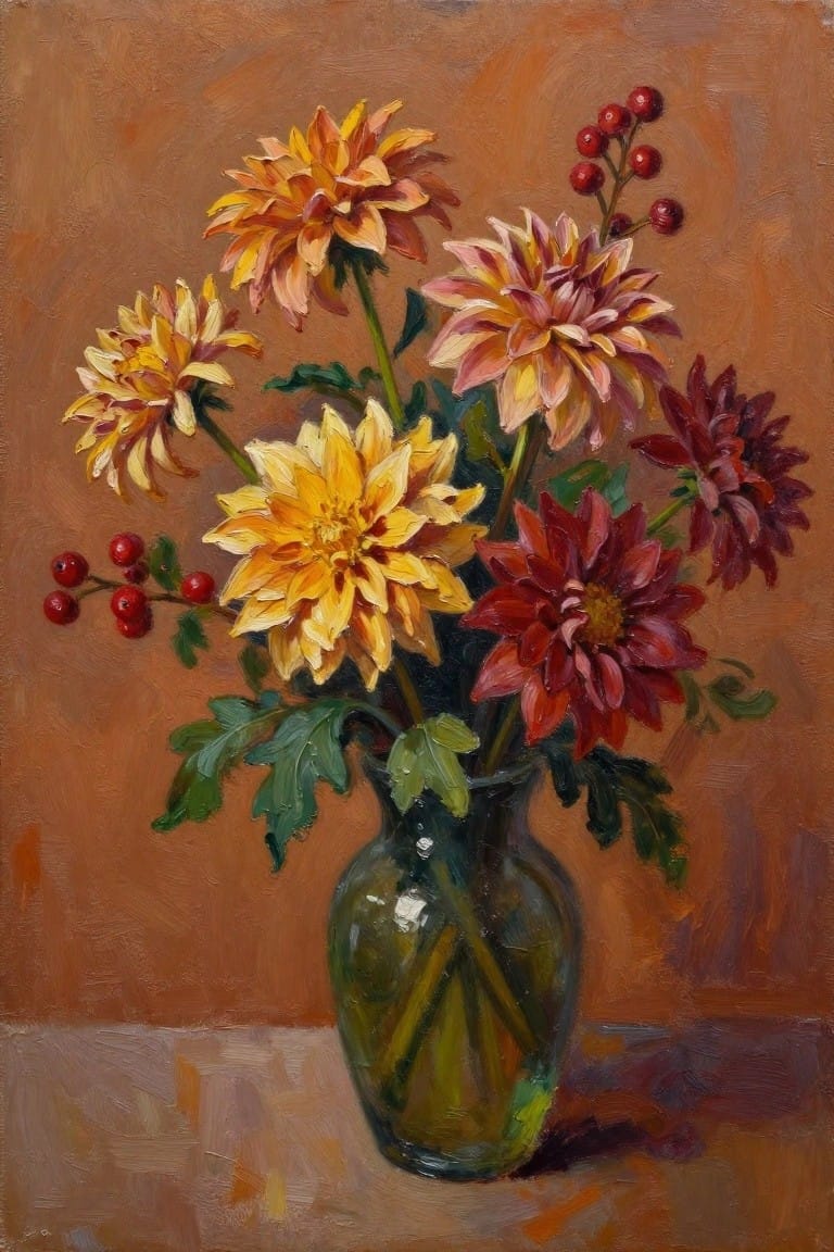 Colorful dahlias and red berries in a green glass vase on brown background.