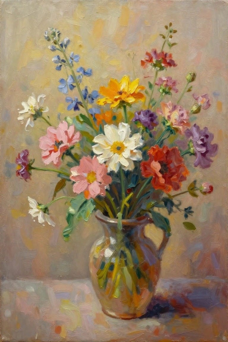 Colorful wildflower bouquet in pink, yellow, red, and blue inside a ceramic pitcher.