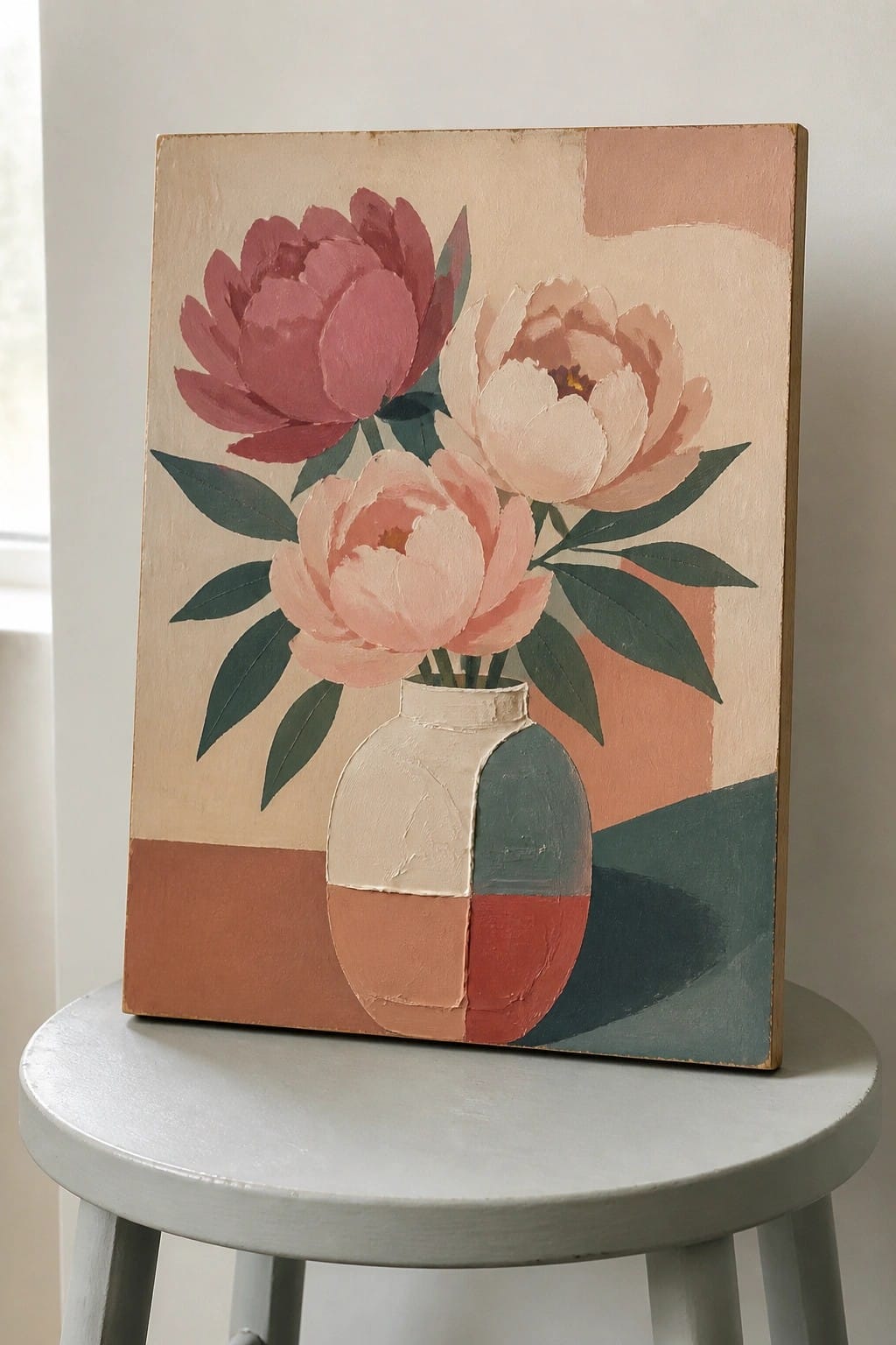 Abstract painting of three pink peonies in a geometric vase on a stool