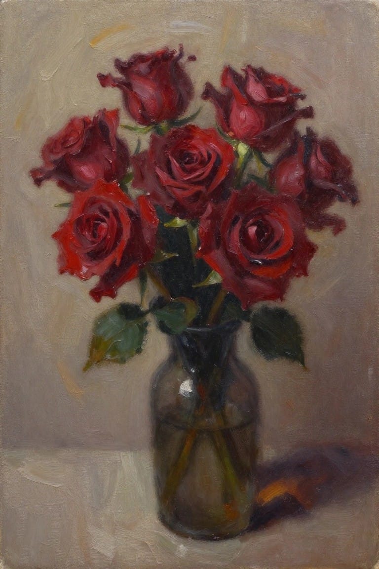 Red roses in a glass vase with water on a neutral surface.