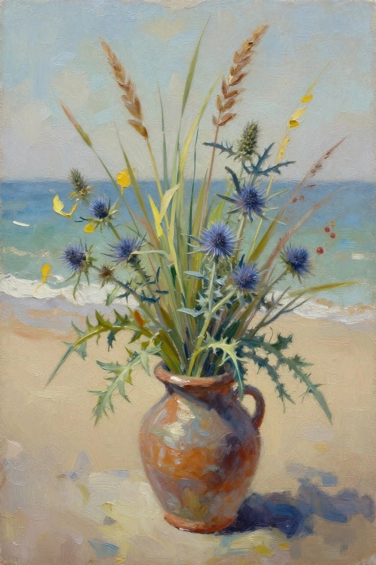 Earthenware vase with blue thistles, grasses, and wildflowers on a sandy beach by the sea
