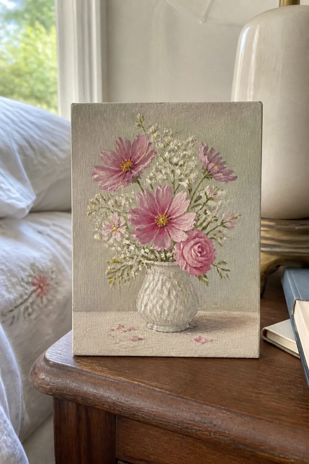 Pink cosmos flowers and rose in white vase on small canvas atop wooden table