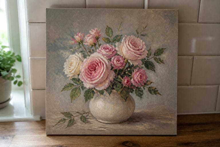 22 Gorgeous Flower Vase Oil Painting Ideas for Balanced Floral Arrangements Oil painting of pink white and coral roses in a white vase on wood