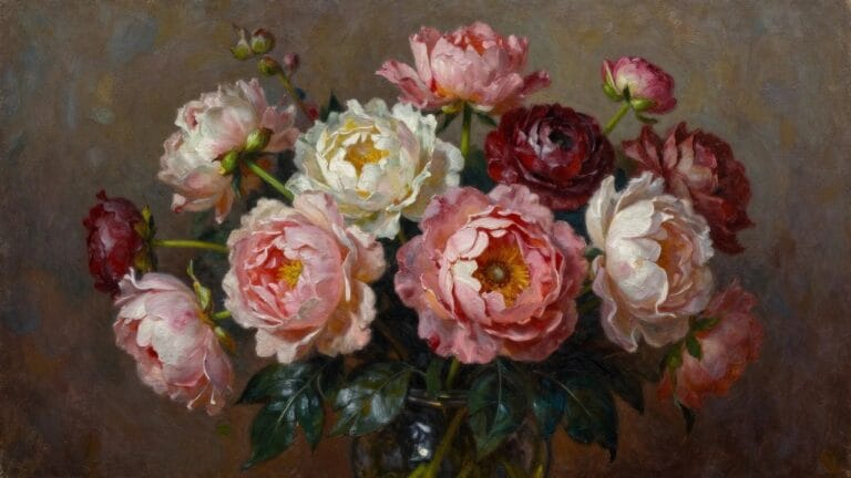 22 Gorgeous Flower Vase Oil Painting Ideas for Balanced Floral Arrangements Oil painting of pink, white, and red roses arranged in a glass vase with visible stems in water.
