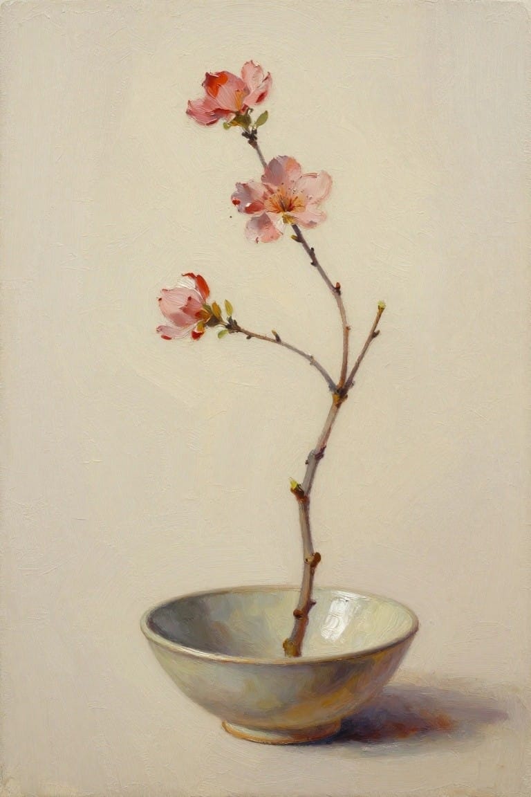 Pink blossoms on a bare branch in a shallow ceramic bowl