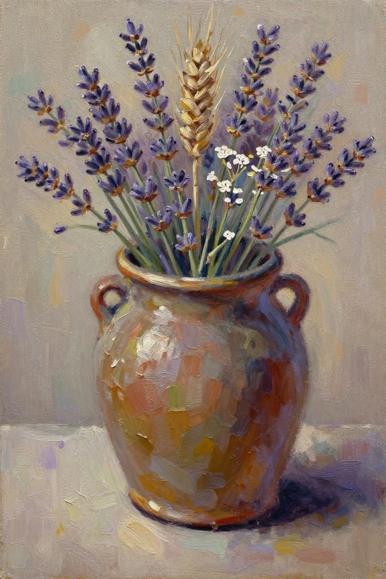 Oil painting of lavender, wheat, and small white flowers arranged in a brown ceramic vase on a light surface.