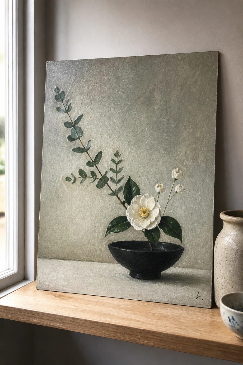 Still life painting of white camellia in black bowl with eucalyptus on gray backdrop