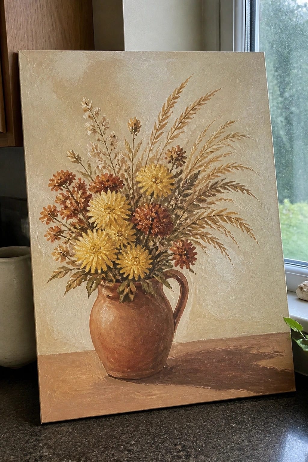 Oil painting of yellow and rust chrysanthemums with grasses in a terracotta pitcher
