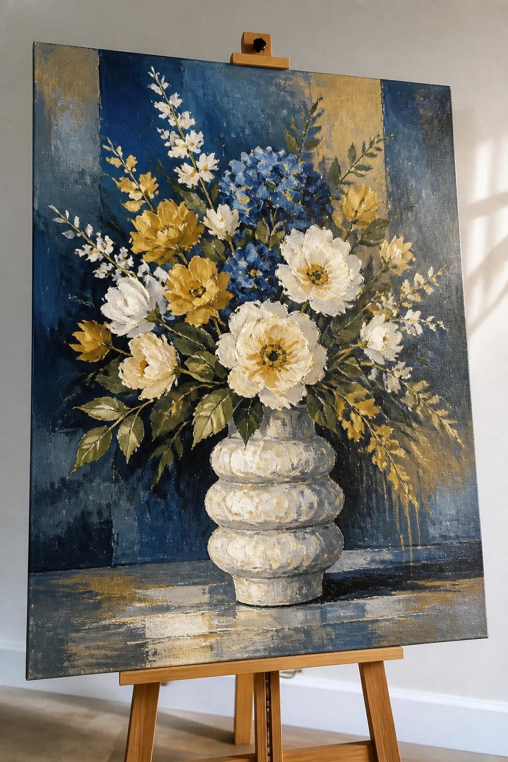 Painting on easel with white, yellow, and blue flowers in textured vase