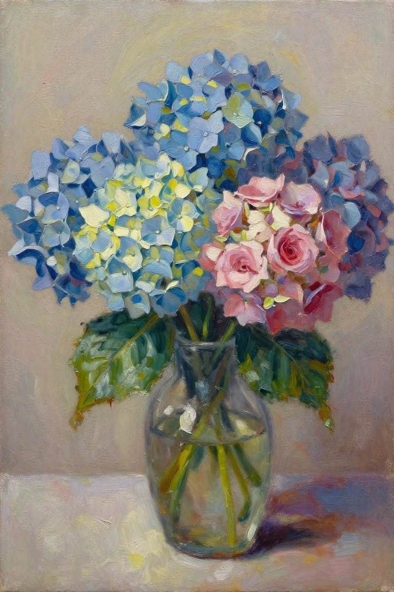 Still life painting of blue hydrangeas and pink roses in a glass vase.