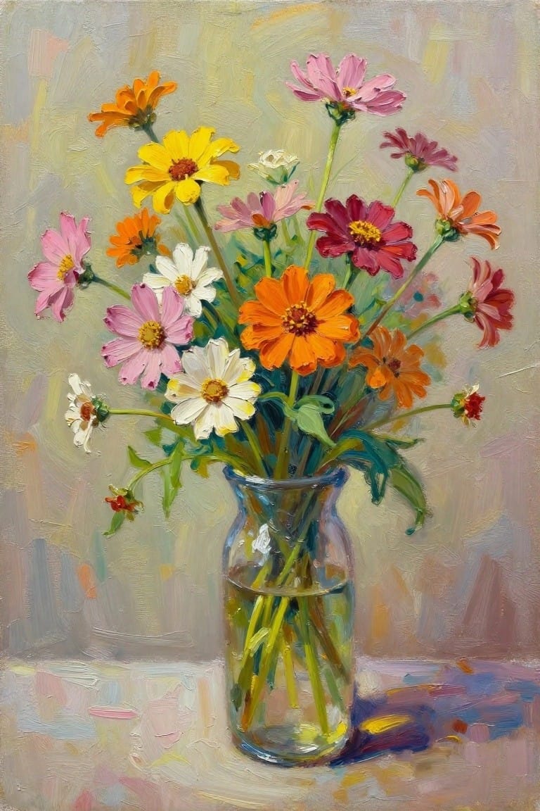 An oil painting of a clear glass vase holding pink, yellow, orange, white, and red daisy-like flowers with visible stems in water on a pale surface.