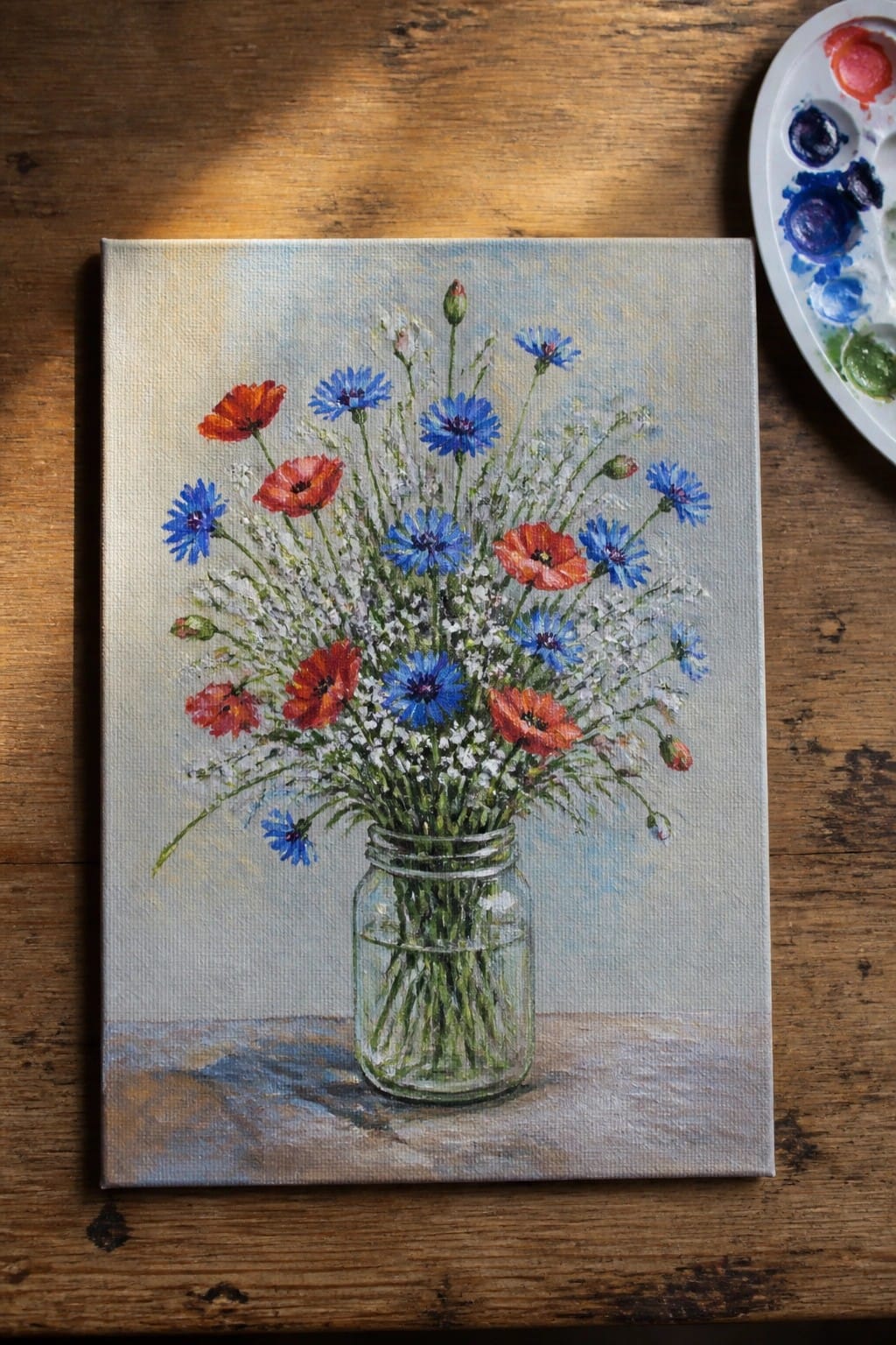 Painting of red poppies and blue cornflowers in glass jar beside palette