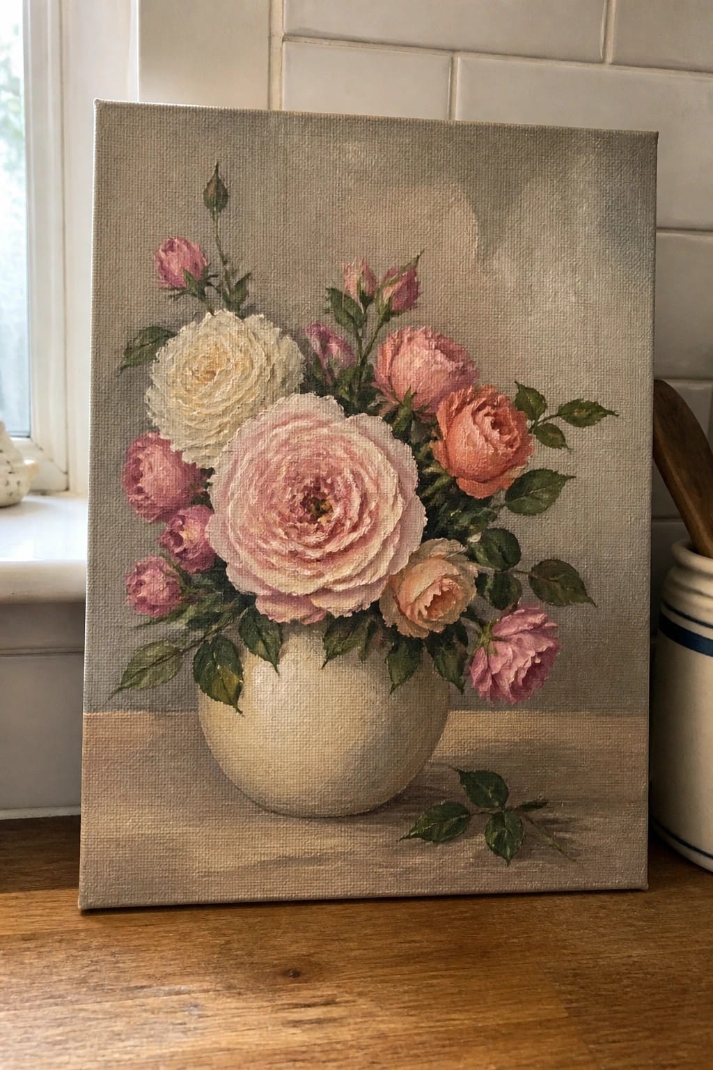 Oil painting of pink white and coral roses in a white vase on wood